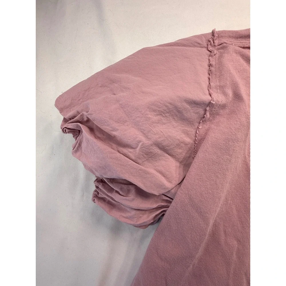 We The Free People Womens XL Pink Ribbed Puff Sleeve Boxy Cropped T-Shirt Top